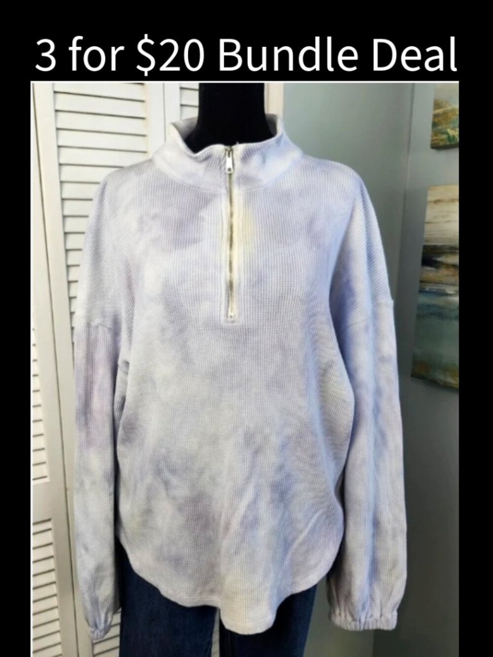 Madewell 1/4 zip Waffle Knit Pullover Blue Tie Dye Cotton Athleisure